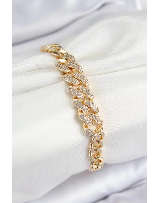 Pirinç Zirkon Taşlı Küba Zincir Model Gold Renk Kadın Bileklik