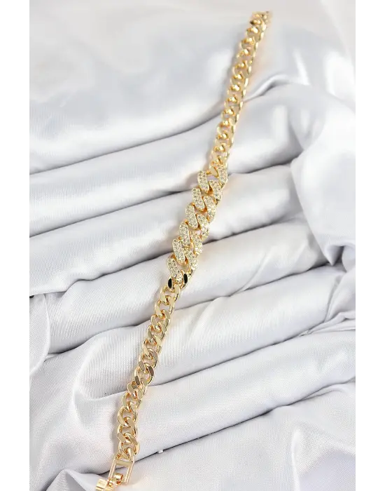 Pirinç Zirkon Taşlı Küba Zincir Model Gold Renk Kadın Bileklik