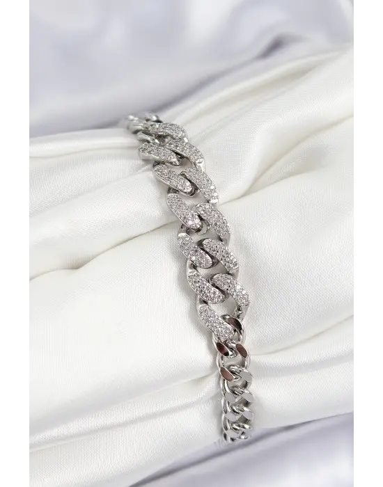 Pirinç Zirkon Taşlı Küba Zincir Model Gümüş Renk Kadın Bileklik