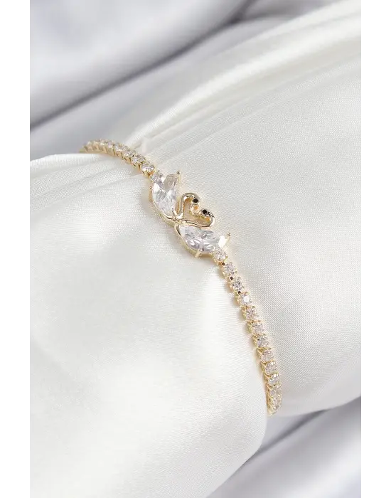 Pirinç Zirkon Taşlı Kuğu Model Gold Renk Asansörlü Kadın Bileklik