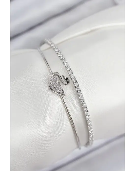 Pirinç Zirkon Taşlı Kuğu Model Gümüş Renk Kadın Bileklik