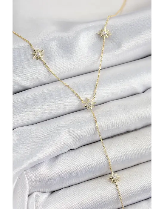 Pirinç Zirkon Taşlı Kutup Yıldız Figürlü Y Model Gold Renk Kadın Kolye