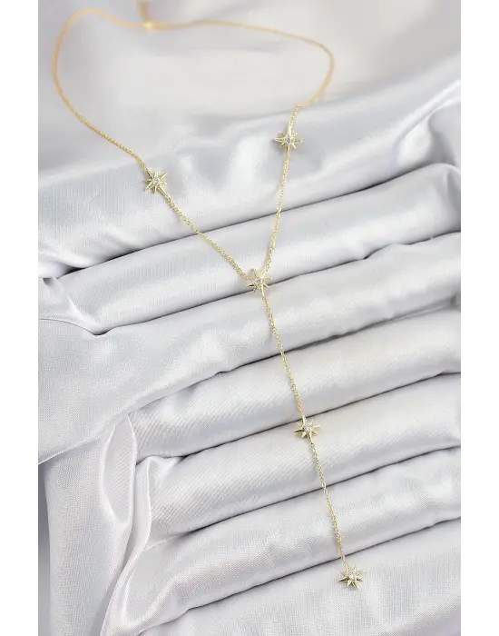 Pirinç Zirkon Taşlı Kutup Yıldız Figürlü Y Model Gold Renk Kadın Kolye