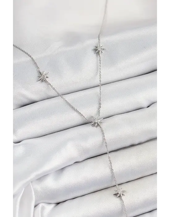 Pirinç Zirkon Taşlı Kutup Yıldız Figürlü Y Model Gümüş Renk Kadın Kolye