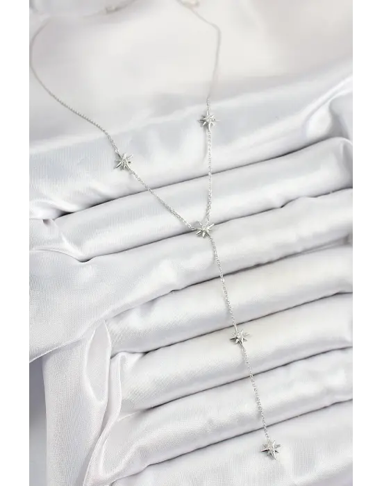 Pirinç Zirkon Taşlı Kutup Yıldız Figürlü Y Model Gümüş Renk Kadın Kolye