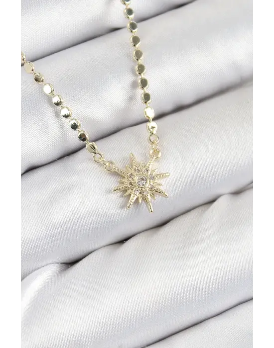 Pirinç Zirkon Taşlı Kutup Yıldızı Model Ezme Zincir Gold Renk Kadın Kolye