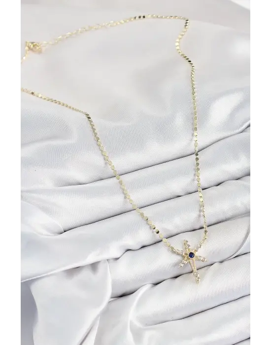 Pirinç Zirkon Taşlı Kutup Yıldızı Model Ezme Zincir Gold Renk Kadın Kolye