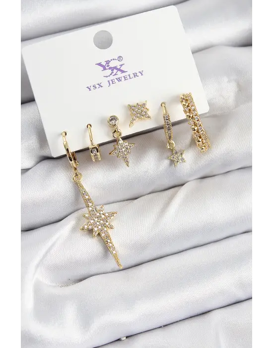Pirinç Zİrkon Taşlı Kutup Yıldızı Model Gold Renk 3lü Çift Kadın Küpe