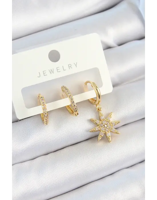 Pirinç Zirkon Taşlı Kutup Yıldızı Model Gold Renk 3lü Çift Kadın Küpe Set