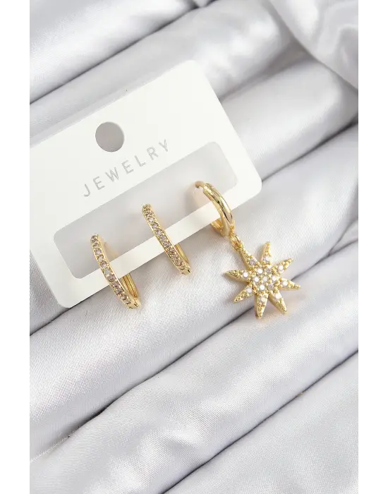 Pirinç Zirkon Taşlı Kutup Yıldızı Model Gold Renk 3lü Set Kadın Küpe