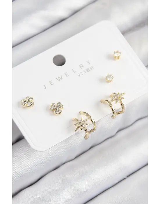 Pirinç Zirkon Taşlı Kutup Yıldızı Model Gold Renk 925 Ayar Gümüş Çivi Kadın Küpe Set