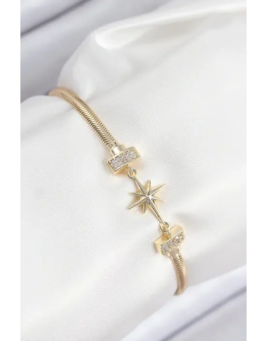 Pirinç Zirkon Taşlı Kutup Yıldızı Model Gold Renk Kadın Bileklik