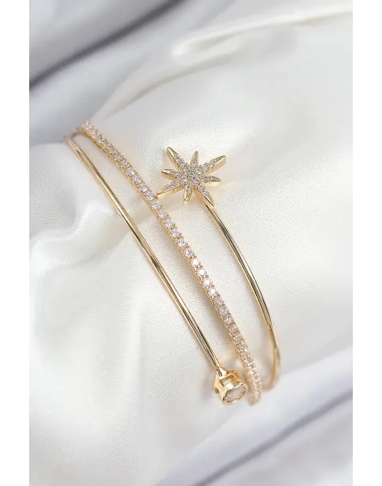 Pirinç Zirkon Taşlı Kutup Yıldızı Model Gold Renk Kadın Bileklik