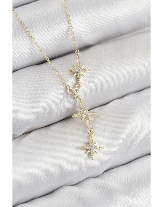 Pirinç Zirkon Taşlı Kutup Yıldızı Model Gold Renk Kadın Kolye