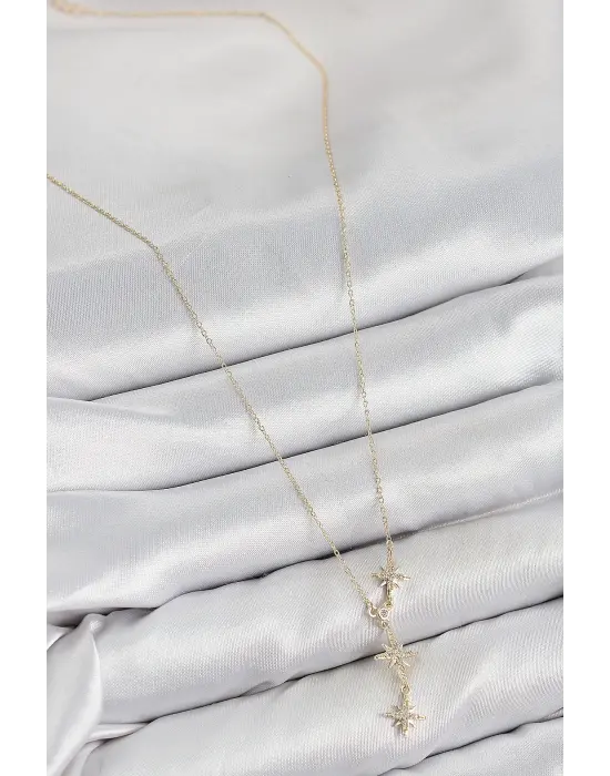 Pirinç Zirkon Taşlı Kutup Yıldızı Model Gold Renk Kadın Kolye