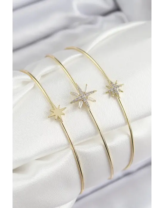 Pirinç Zirkon Taşlı Kutup Yıldızı Model Gold Renk Vip 3lü Kadın Bileklik