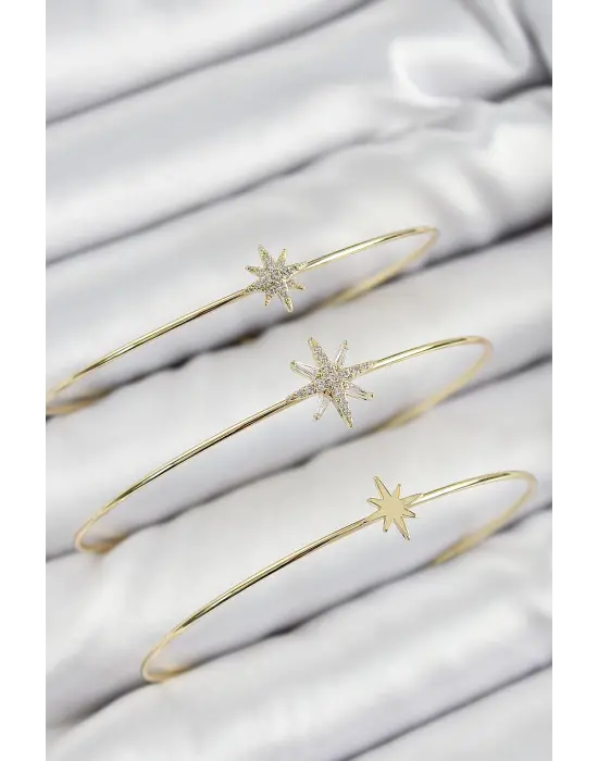 Pirinç Zirkon Taşlı Kutup Yıldızı Model Gold Renk Vip 3lü Kadın Bileklik