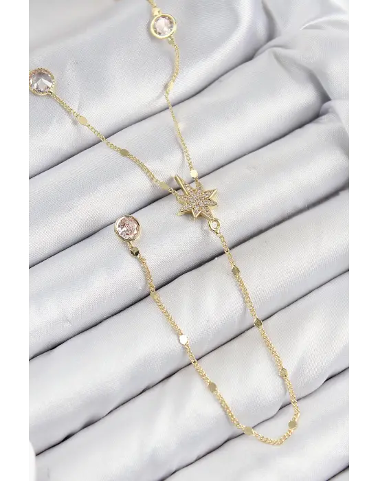 Pirinç Zirkon Taşlı Kutup Yıldızı Model Gold Renk Y Kolye