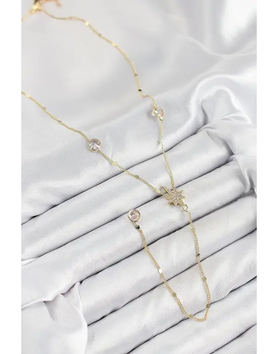 Pirinç Zirkon Taşlı Kutup Yıldızı Model Gold Renk Y Kolye