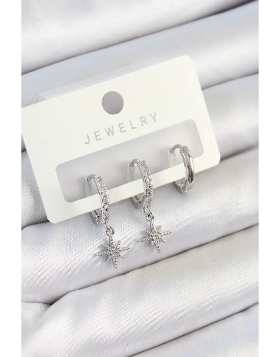 Pirinç Zirkon Taşlı Kutup Yıldızı Model Gümüş Renk 3lü Çift Kadın Küpe Set