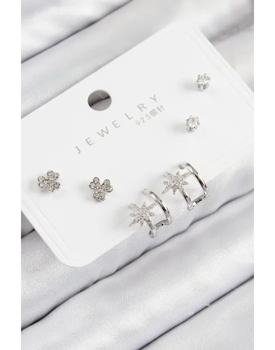 Pirinç Zirkon Taşlı Kutup Yıldızı Model Gümüş Renk 925 Ayar Gümüş Çivi Kadın Küpe Set