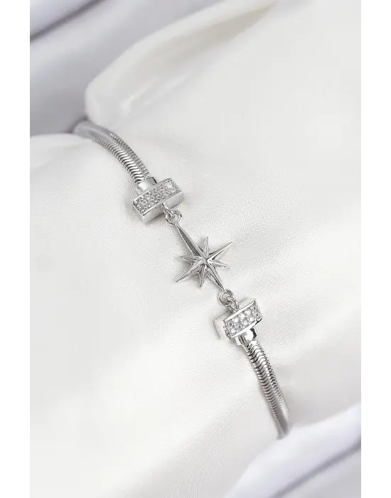 Çelik Zirkon Taşlı Kutup Yıldızı Model Gümüş Renk Kadın Bileklik