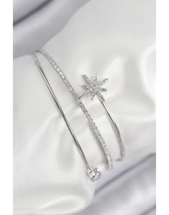 Pirinç Zirkon Taşlı Kutup Yıldızı Model Gümüş Renk Kadın Bileklik