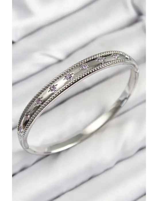 Pirinç Zirkon Taşlı Kutup Yıldızı Model Gümüş Renk Kadın Kelepçe