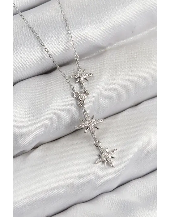 Pirinç Zirkon Taşlı Kutup Yıldızı Model Gümüş Renk Kadın Kolye