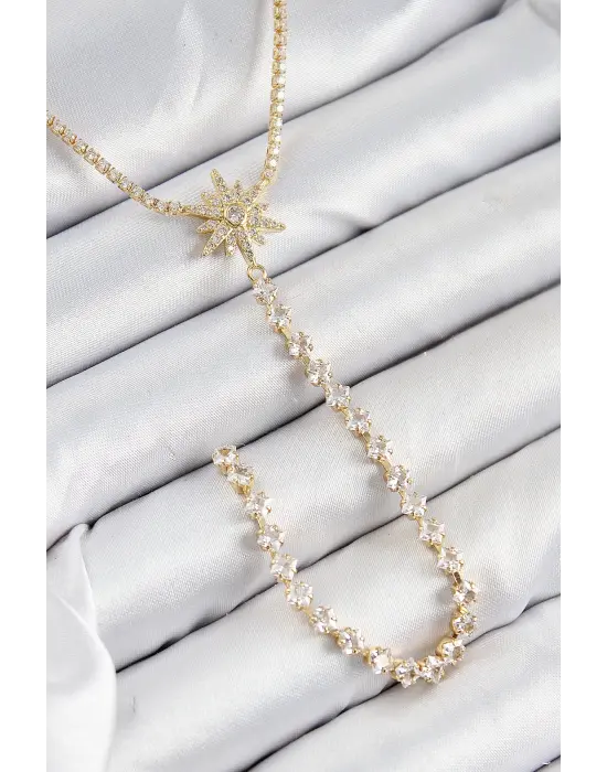 Pirinç Zirkon Taşlı Kutup Yıldızı Model Gümüş Renk Y Kolye