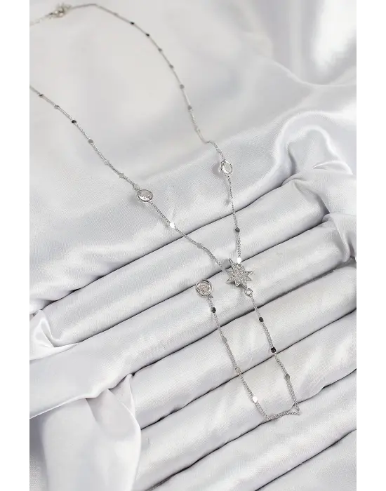 Pirinç Zirkon Taşlı Kutup Yıldızı Model Gümüş Renk Y Kolye