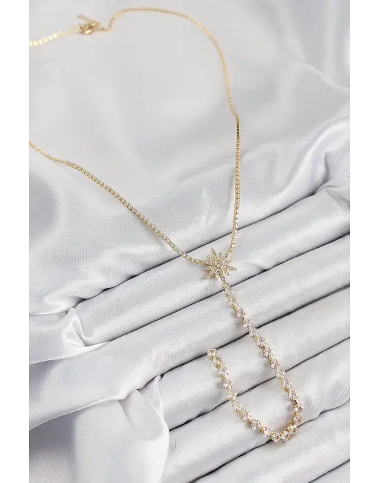 Pirinç Zirkon Taşlı Kutup Yıldızı Model Gümüş Renk Y Kolye