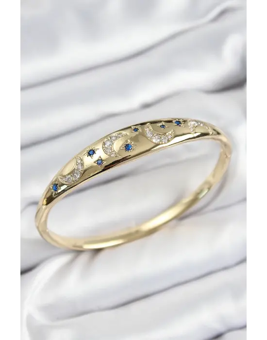 Pirinç Zirkon Taşlı Kutup Yıldızı Ve Hilal Model Gold Renk Kadın Kelepçe