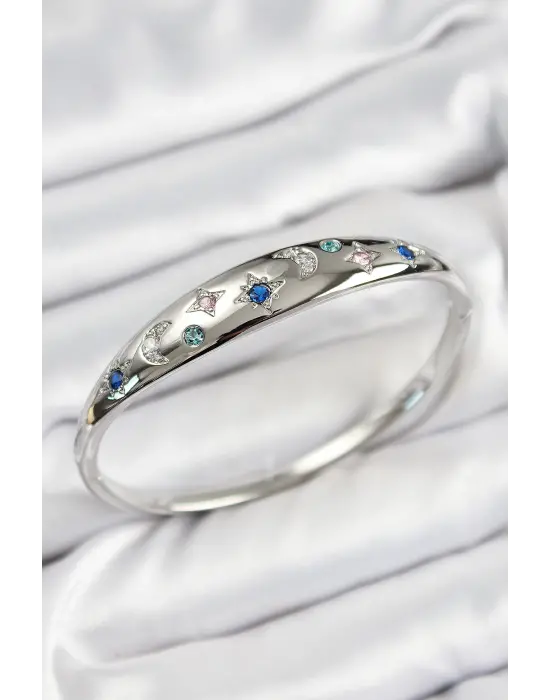 Pirinç Zirkon Taşlı Kutup Yıldızı Ve Hilal Model Gümüş Renk Kadın Kelepçe