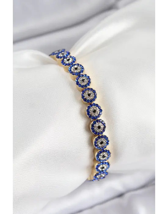 Pirinç Zirkon Taşlı Lacivert Nazar Model Gold Renk Lastikli Kadın Bileklik