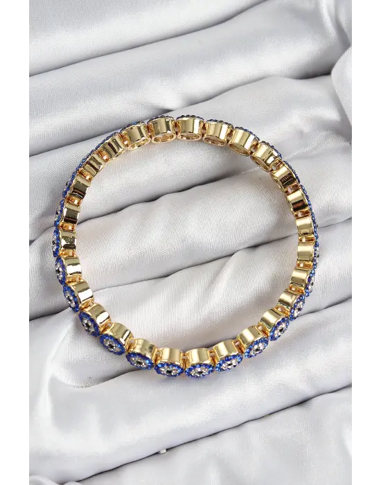 Pirinç Zirkon Taşlı Lacivert Nazar Model Gold Renk Lastikli Kadın Bileklik