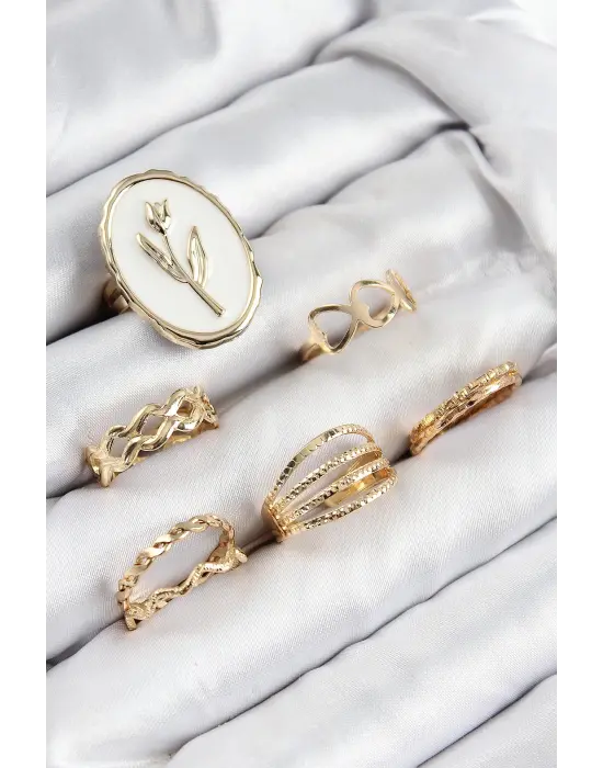 Pirinç Zirkon Taşlı Lale Model Gold Renk Kadın Yüzük Kombin Set