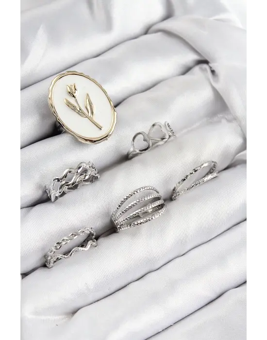 Pirinç Zirkon Taşlı Lale Model Gümüş Renk Kadın Yüzük Kombin Set