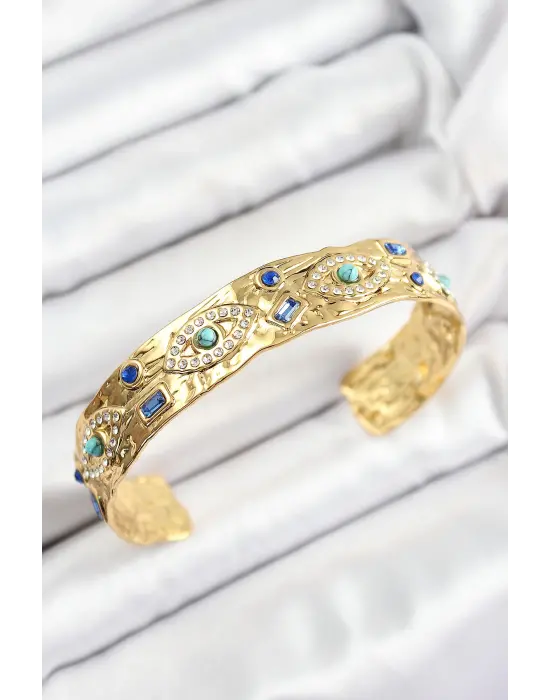 Pirinç Zirkon Taşlı Mavi Boncuklu Göz Model Gold Renk Altı Açık Kadın Bileklik