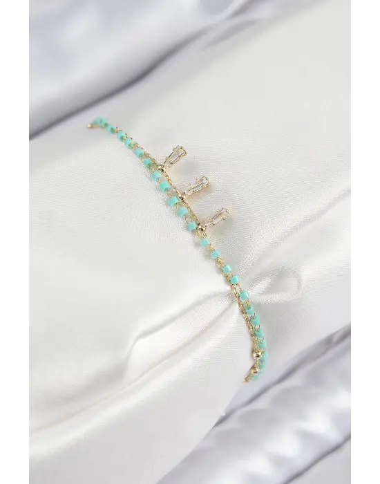 Pirinç Zirkon Taşlı Mavi Boncuklu Model Gold Renk Kadın Bileklik