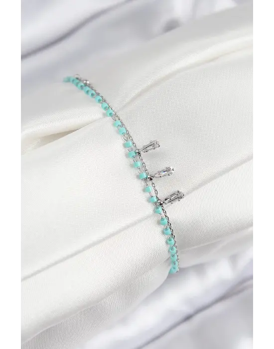 Pirinç Zirkon Taşlı Mavi Boncuklu Model Gümüş Renk Kadın Bileklik