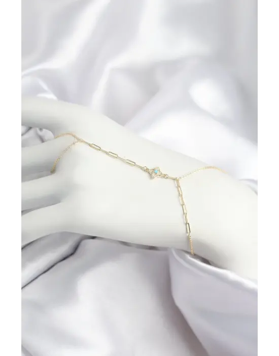 Pirinç Zirkon Taşlı Mavi Boncuklu Yonca Model Gold Renk Şahmeran