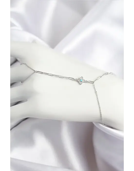 Pirinç Zirkon Taşlı Mavi Boncuklu Yonca Model Gümüş Renk Şahmeran