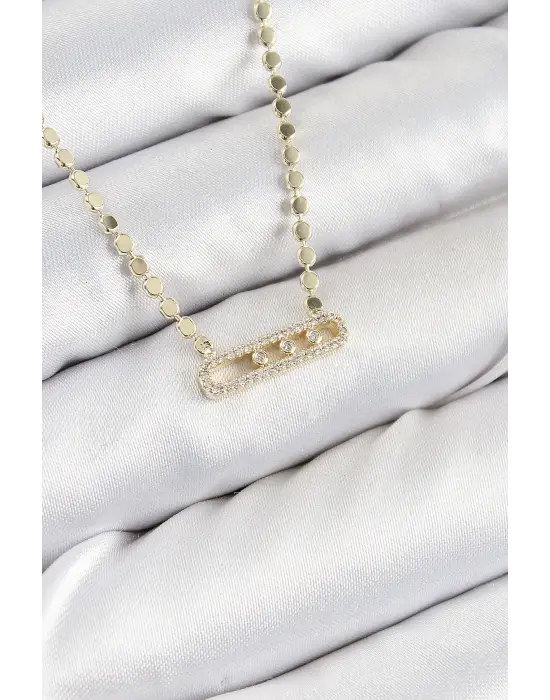 Pirinç Zirkon Taşlı Messika Model Ezme Zincir Gold Renk Kadın Kolye