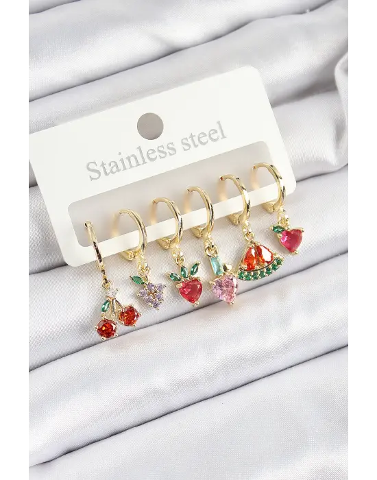 Pirinç Zirkon Taşlı Meyve Temalı Karışık Model Gold Renk 6lı Set Kadın Küpe