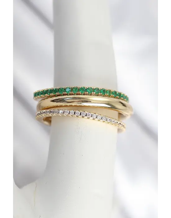 Pirinç Zirkon Taşlı Mix Renk 3Lü Kadın Yüzük