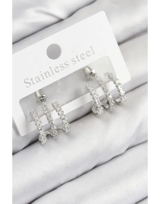 Pirinç Zirkon Taşlı Model Gümüş Renk Kadın Küpe