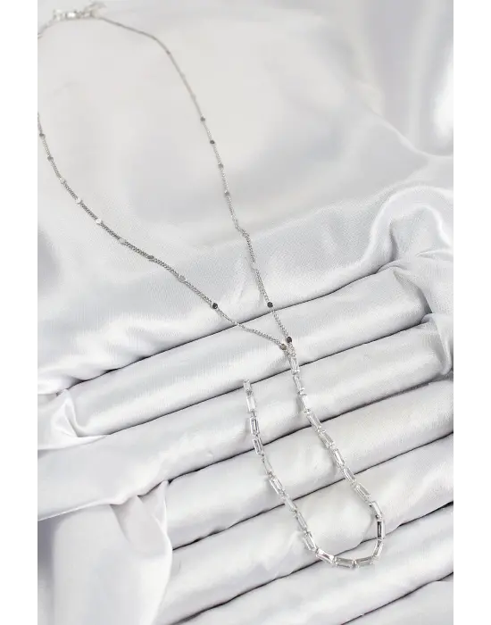 Pirinç Zirkon Taşlı Model Gümüş Renk Y Kolye