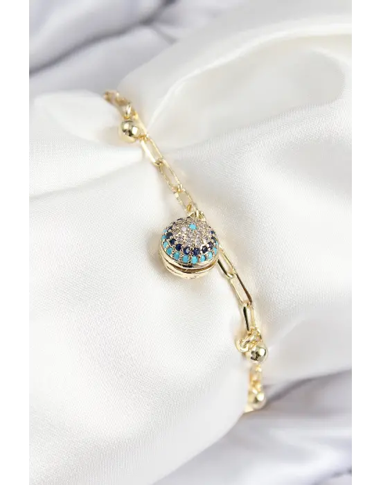 Pirinç Zirkon Taşlı Nazar Boncuğu Model Gold Renk Kadın Bileklik