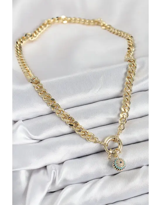 Pirinç Zirkon Taşlı Nazar Boncuk Detaylı Klasik Zincir Model Gold Renk Kadın Kolye